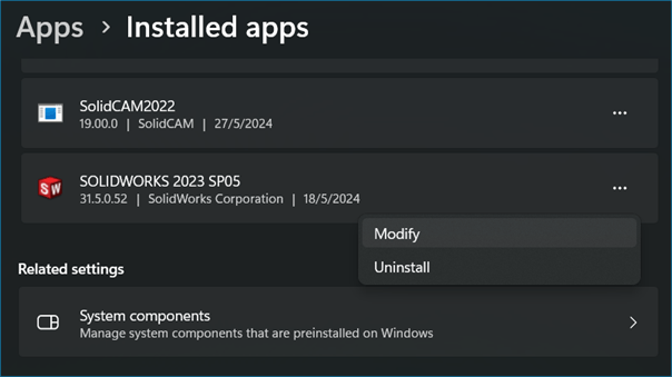 Windows Setting Installed Apps