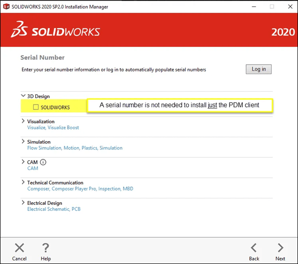 PDM - SOLIDWORKS Installation Manager Serial Number Page