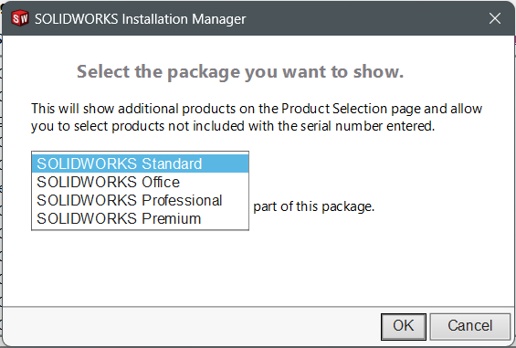 SOLIDWORKS Package Selection