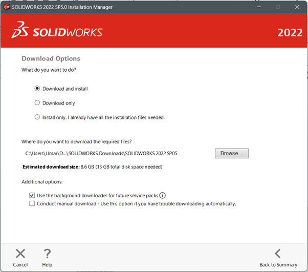 SOLIDWORKS Download Options Tab