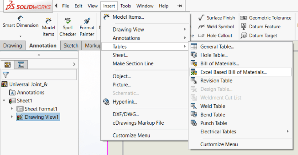 BOM - Microsoft Excel - SOLIDWORKS