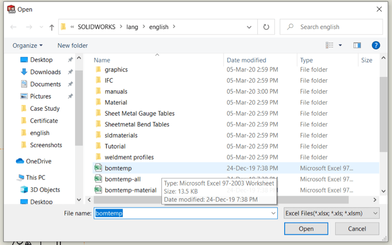 BOM - Microsoft Excel - SOLIDWORKS