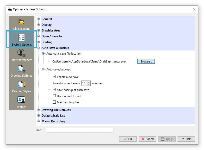 DraftSight - Auto Save and Backup